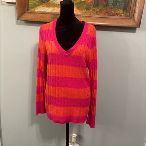 LOFT Women’s V-Neck Wool Blend Sweater - Pink & Orange Stripes Size Petite Large
